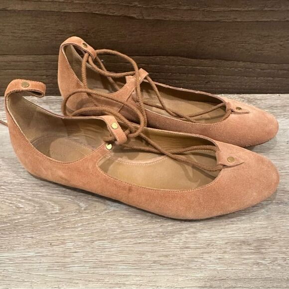 CHLOE Foster Camel Suede Lace-Up Ballerina Flat Ballet Shoes Size 39.5 - Picture 6 of 12